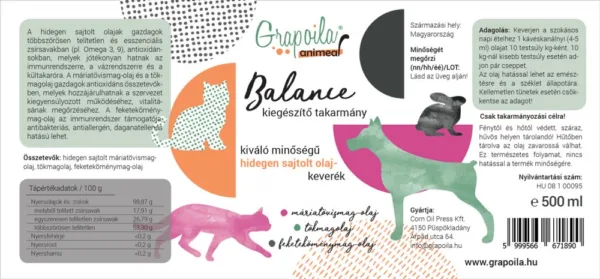 Grapoila ANIMEAL BALANCE hidegen sajtolt olajkeverék állatoknak 500 ml