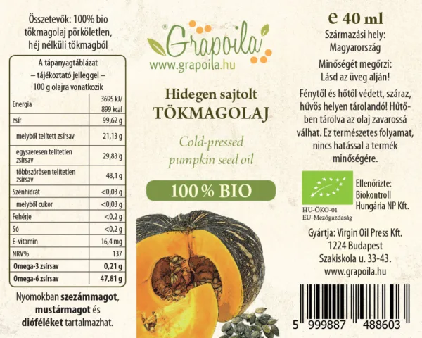 Tökmagolaj BIO (héj nélkül sajtolt) 40 ml